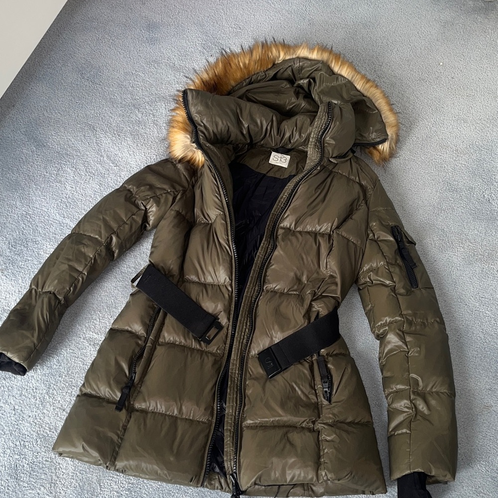 SAM. Olive Puffer Jacket with Faux Fur Trim